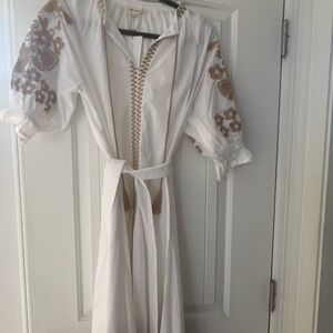 Elegant White and Brown Embroidered Long Sleeve Dress